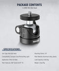 Budget Friendly Compact Mini Ball Head For Tripods And Mounts With One Quarter Inch Screw, 360 Swivel And 90 Tilt, product image with specs
