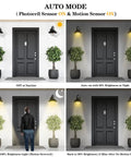 Motion Sensor Outdoor Light With Dusk To Dawn Sensor And PIR Motion Trigger, showing daylight and night settings with motion detection.