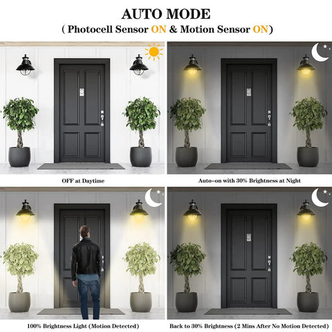 Motion Sensor Outdoor Light With Dusk To Dawn Sensor And PIR Motion Trigger, showing daylight and night settings with motion detection.