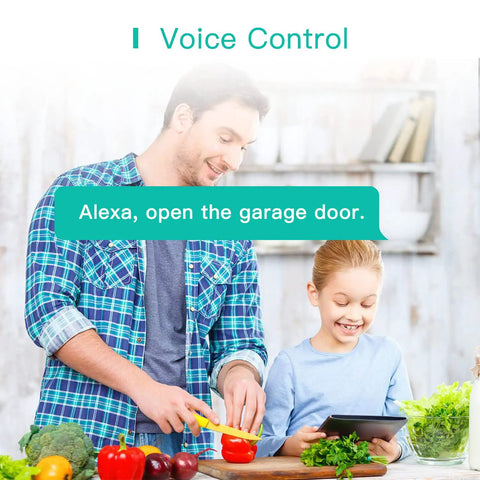 Father using voice control with Smart WiFi Garage Door Opener Remote With Tuya Smart Life App Control, Alexa And Google Assistant Ready.