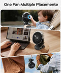 Portable Misting Clip On Fan With USB C Rechargeable Battery shown on stroller, desk, and tent setups for versatile use.