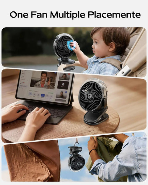 Portable Misting Clip On Fan With USB C Rechargeable Battery shown on stroller, desk, and tent setups for versatile use.