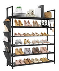 Hella Compact Six Tier Shoe Rack Organizer With Hook And Side Pocket Fits Twenty Four To Thirty Pairs Boots And Sneakers free standing with shoes and accessories.