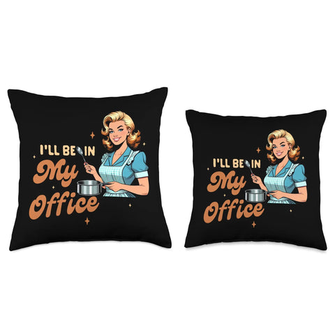 Cooking Lover Throw Pillow For The Chef In You Funny Mom Life Kitchen Decor For The Housewife Who Loves To Cook And Juggle Chores With Ill Be In My Office Quote, featuring retro woman holding pot print, black background, two pillow sizes.