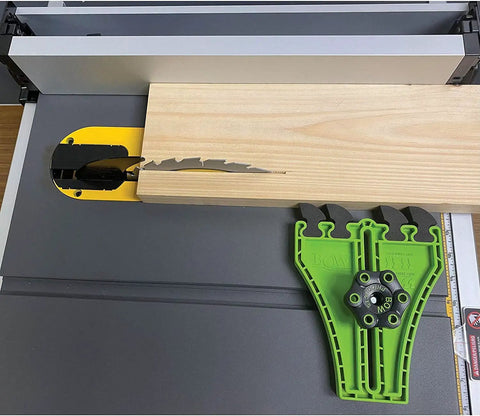 Portable Saw Featherboard Crafted For 5/8 Or 3/4 Slot With Rock Solid Eva Foam set beside a wood plank on a table saw.