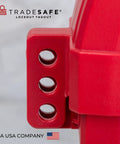 Close-up of heavy duty red gate valve lockout kit for six and a half to ten inch valves, OSHA compliant and impact resistant.