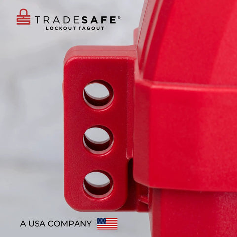 Close-up of heavy duty red gate valve lockout kit for six and a half to ten inch valves, OSHA compliant and impact resistant.
