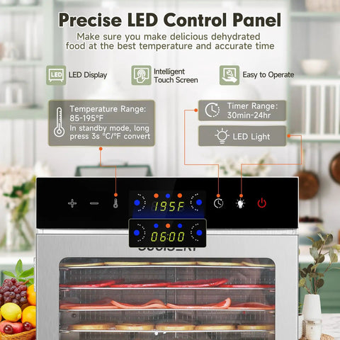 Hella Big 18 Tray Stainless Steel Food Dehydrator Machine With Smooth Touch Panel And 24 Hour Timer detailed LED control panel.