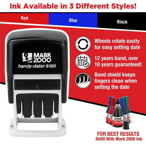Slick S120 Self Inking Date Stamp With Black Ink And Half Inch Impression Size Featuring Finger Guard Band Shield for easy date setting.