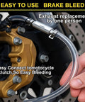 Close-up of 4 Piece Universal Brake Fluid Bleeder Kit With One Way Check Valve Hose and Metal Clamps in use on motorcycle.
