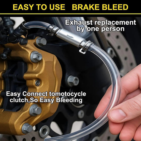 Close-up of 4 Piece Universal Brake Fluid Bleeder Kit With One Way Check Valve Hose and Metal Clamps in use on motorcycle.