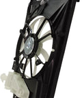 Plug And Swap Radiator Cooling Fan Assembly With Built In Motor Shroud And Bonus Coolant Tank Fits Toyota Prius C 2012 Through 2015 1.5L Hybrid side view showing motor and shroud
