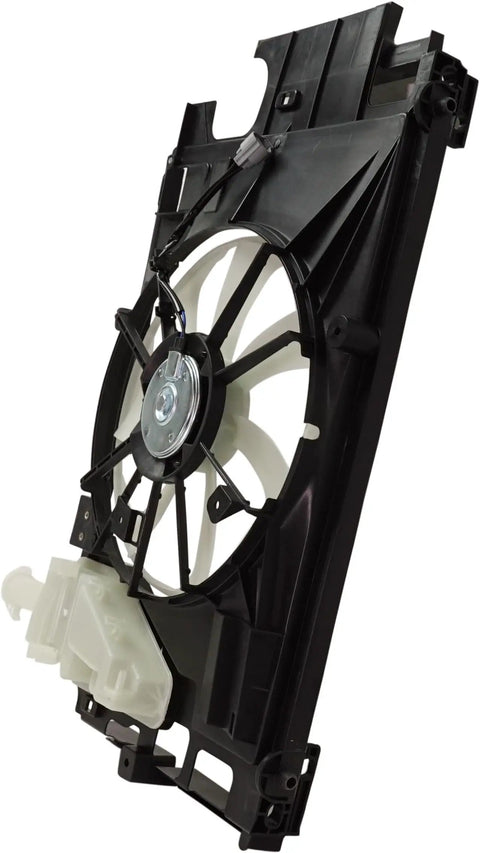 Plug And Swap Radiator Cooling Fan Assembly With Built In Motor Shroud And Bonus Coolant Tank Fits Toyota Prius C 2012 Through 2015 1.5L Hybrid side view showing motor and shroud