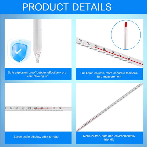 10 Pcs General Purpose Lab Thermometer 12 Inch Total Immersion Glass Liquid Thermometer For Laboratories Universities And Food And Beverage Processing Minus 20 To 150 Celsius Clear, glass tube close-up