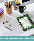 Zippered Coupon And Card Organizer Case That Clips Into A Three Ring Binder on a desktop with colorful pencils and books, Green Dragon Heads design.