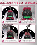 Pink magnetic pipe center finder tool with adjustable dial bubble protractor on pipe, four-step setup panels