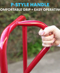 Close-up of the P-style handle on the Workhorse Heavy Duty Convertible Hand Truck Dolly With 10 Inch Solid Wheels For Moving Appliances And Boxes