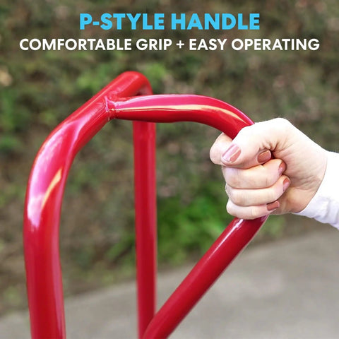Close-up of the P-style handle on the Workhorse Heavy Duty Convertible Hand Truck Dolly With 10 Inch Solid Wheels For Moving Appliances And Boxes