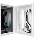 Heavy Duty Wall Mount EV Charger Cover For Outside Straight Up Weatherproof Electric Vehicle Charging Station Shell Built Tough With Key And Combination Lock Universal Tesla Fit, showing open design.