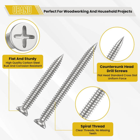 UBANU M4 Wood Screws Assortment Kit, High Hardness Phillips Drive Flat Head Screws Set, close-up of two coarse thread screws
