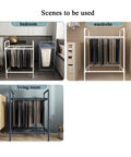 Space Saving Trouser Rack With 15 Heavy Duty Pants Clips And Smooth Wheels in bedroom, wardrobe, and living room settings.