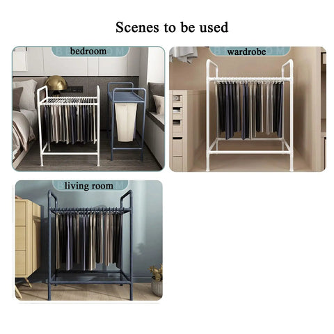 Space Saving Trouser Rack With 15 Heavy Duty Pants Clips And Smooth Wheels in bedroom, wardrobe, and living room settings.