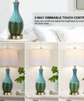 Dope Teal Green Ceramic Table Lamps Set Of 2 with touch control showing dimmable light modes: low, medium, high with linen shade.