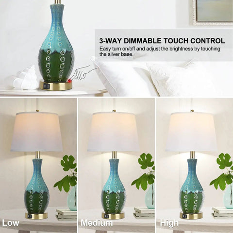 Dope Teal Green Ceramic Table Lamps Set Of 2 with touch control showing dimmable light modes: low, medium, high with linen shade.
