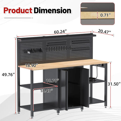 60 Inch Heavy Duty Garage Workbench With Pro Grade Tool Organizer System, 2000 Lbs Capacity, Top Storage Panel, dimension diagram