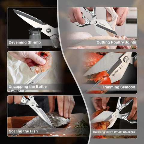 Heavy Duty Two Pack Kitchen Scissors Set For Food With Bone Cutting Blades, Includes Poultry Shears And All Purpose Kitchen Shears, Made From 3Cr13Mov Stainless Steel, Built To Rip Through Tough Bones. Multi-use kitchen scissors cutting shrimp, poultry, fish, and bottles.