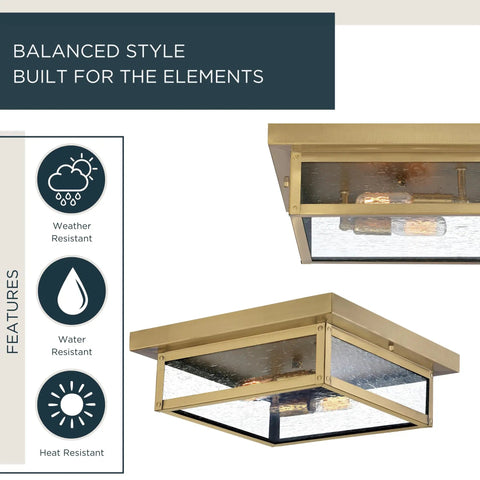 Outdoor Flush Mount Ceiling Light 12 Inch Two Light Antique Brass Industrial Lantern With Seeded Glass For Farmhouse Porch Patio Hallway And Yard Close To Ceiling.