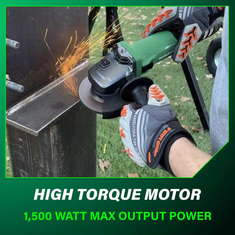 Five Inch Angle Grinder With High Torque And Brushless 12 Amp AC Motor in use cutting metal, showing sparks flying.