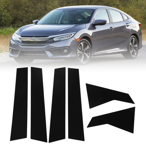6-piece glossy black pillar-post window decal kit for Honda Civic Sedan 2016–2021