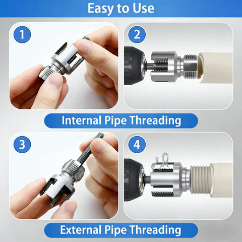 2026 New Dual Function Pipe Tapping And Threading Tool Kit shown in use for internal and external threading on PVC pipes.