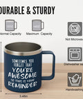 14oz Vacuum Insulated Stainless Steel Coffee Mug For Men With The Message You Are Awesome Daily Motivation Gift For Husband Boyfriend Dad Navy Blue For Everyday Use shown with dimensions and care instructions.