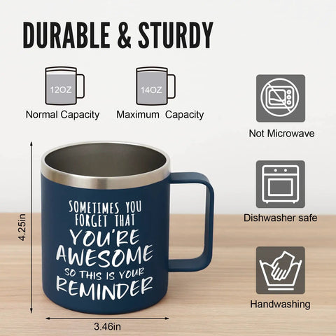 14oz Vacuum Insulated Stainless Steel Coffee Mug For Men With The Message You Are Awesome Daily Motivation Gift For Husband Boyfriend Dad Navy Blue For Everyday Use shown with dimensions and care instructions.