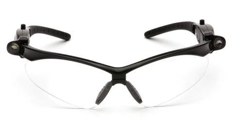 Front view of black frame safety glasses with clear anti fog lenses and LED temples, ventilated design, cordless convenience.