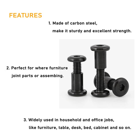 100 Piece Black M6 Hex Drive Socket Cap Bolts And Dowel Nuts Kit For DIY Furniture Builds, shown in carbon steel