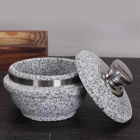 Granite Stone Bowl With Lid For Korean Style Cooking, Heavy Duty Stone Pot With Wood Base, 14 cm Diameter, shown open