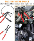 Sixteen Piece Hose Clamp Pliers Set for Automotive Repair with flexible long plier and angled flat band in use on vehicle hoses.
