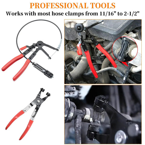 Sixteen Piece Hose Clamp Pliers Set for Automotive Repair with flexible long plier and angled flat band in use on vehicle hoses.
