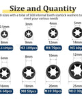 All In One 500 Pcs Internal Tooth Serrated Lock Washers Set M2.5 To M12 Anti Loosen Anti Vibration Fasteners Kit For Precision Machinery DIY Projects And Heavy Duty Assemblies Industrial Grade Gearhead Approved size chart of black internal tooth washers, M2.5 to M12