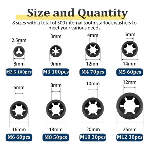 All In One 500 Pcs Internal Tooth Serrated Lock Washers Set M2.5 To M12 Anti Loosen Anti Vibration Fasteners Kit For Precision Machinery DIY Projects And Heavy Duty Assemblies Industrial Grade Gearhead Approved size chart of black internal tooth washers, M2.5 to M12