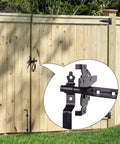 Beefy Heavy Duty Self Locking Gate Latch With Handle For Pool And Garden Gates, Weatherproof Black Finish, shown on wood fence