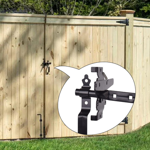 Beefy Heavy Duty Self Locking Gate Latch With Handle For Pool And Garden Gates, Weatherproof Black Finish, shown on wood fence
