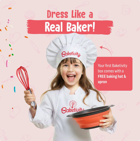 Child in baking outfit with whisk and bowl, promoting 6 Month Kids Baking Subscription Kit With Pre Measured Ingredients, Step By Step Recipes.