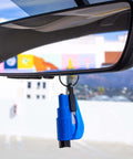 Blue resqme emergency car escape tool on keychain hanging from rearview mirror; 2-in-1 seatbelt cutter and window breaker