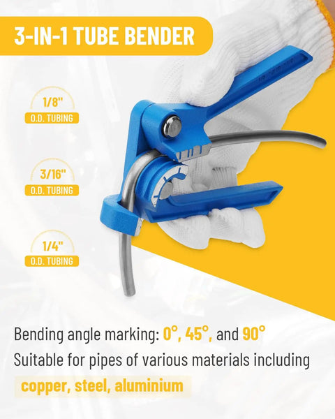 3-In-1 tube bender from the 25 Ft Zinc Plated Brake Line Flaring Tool Kit with bending angles for copper, steel, and aluminum pipes.