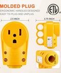NEMA 6-50R Receptacle 50 Amp 3-Prong 250V Welder Replacement Plug, yellow thermoplastic, side and front view, ETL listed