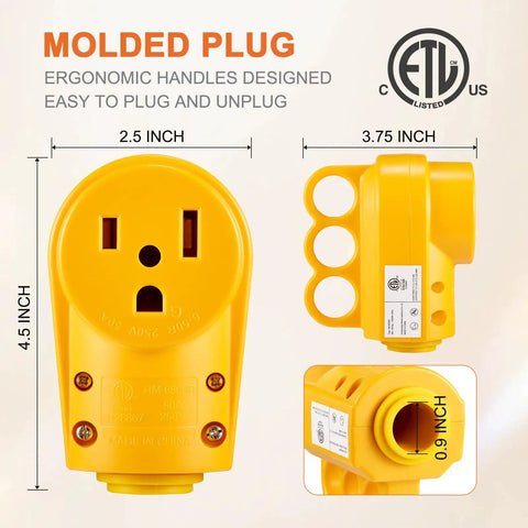 NEMA 6-50R Receptacle 50 Amp 3-Prong 250V Welder Replacement Plug, yellow thermoplastic, side and front view, ETL listed